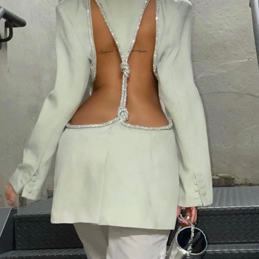 Sage color open back blazer with diamond details